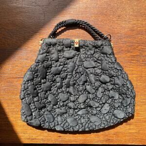 Vintage 1950s Red Jeweled Black Gold Texture Purse